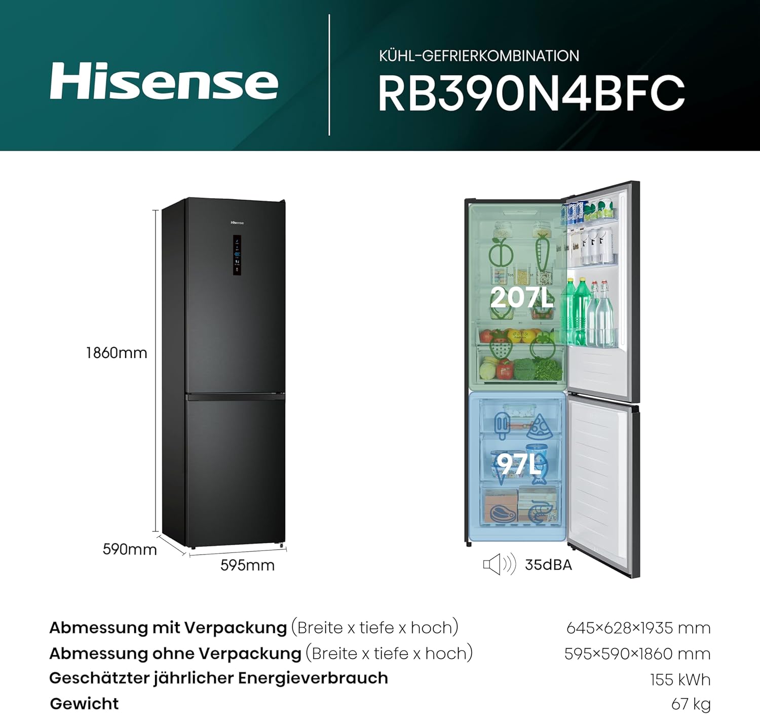 Hisense RB327N4AD2 koel-vriescombinatie/ NoFrostPlus/ Multiflow 360°/ HolidayMode/ FreshZone/ 182,4 cm/ koelgedeelte 171 l/ vriesgedeelte 85 l/ 41 dB/ 287 kWh/ jaar/ roestvrijstalen look