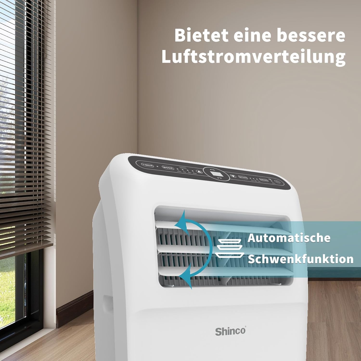 SHINCO Mobiele airconditioning met luchtafvoerslang, 9000 BTU, 2,6 kW, Koelen&Ventileren&Ontvochtigen, Mobiel airco-apparaat met slaapstand, Ruimte tot 22㎡, 24-uurs timer