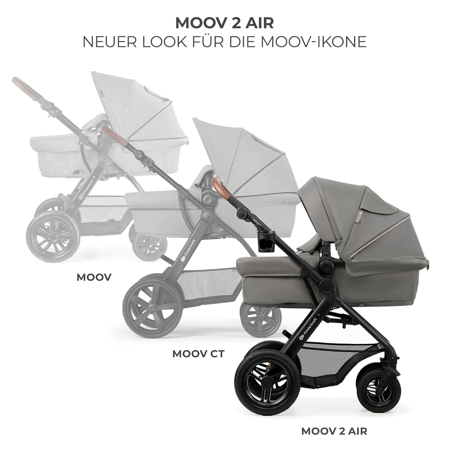 Kinderkraft MOOV2 AIR Kinderwagen 3 in 1 Kinderwagenset tot 26 kg met autostoel I-SIZE 40-75 cm, buggyfunctie, verstelbare ligstand, grote uitschuifbare kap, opblaasbare wielen, zwart
