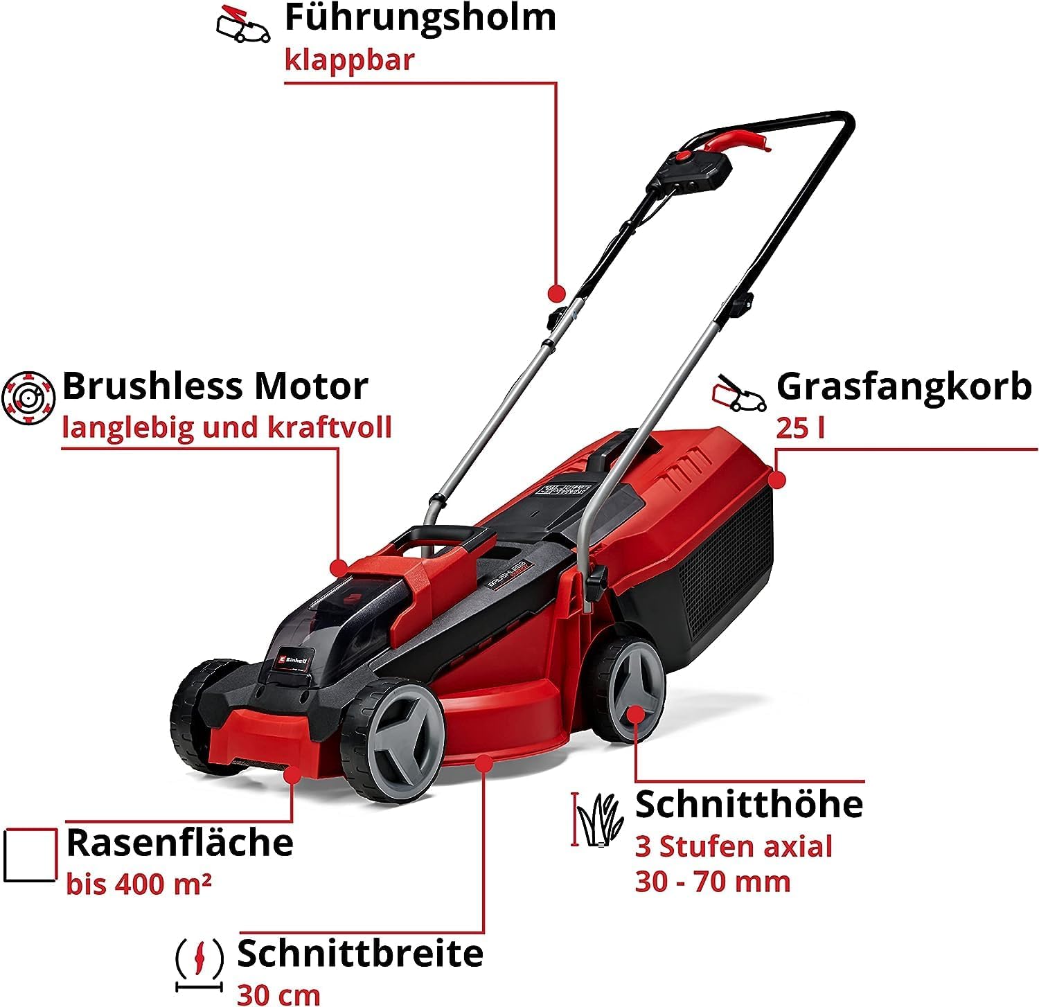 Einhell City Accu grasmaaier GE-CM 18/30 Li Kit Power X-Change (18 V, 30 cm snijbreedte, tot 150 m², borstelloos, 25 l opvangbak, 30-70 mm snijhoogte, incl. 3,0 Ah accu + oplader)