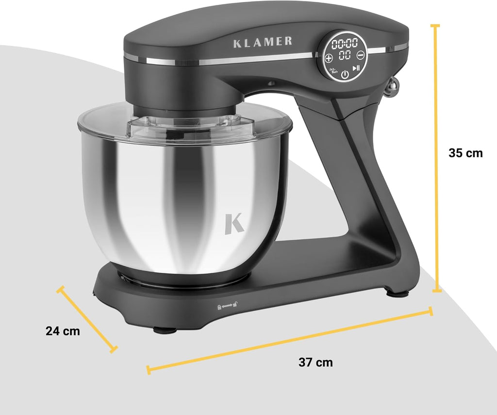 KLAMER Keukenmachine 1800W, Kneedmachine Brooddeeg met RVS Mengkom 6 L, 10 Snelheden met Timer, Planetaire Menging, Klopper, Deeghaak, Garde & Spatscherm (zwart)