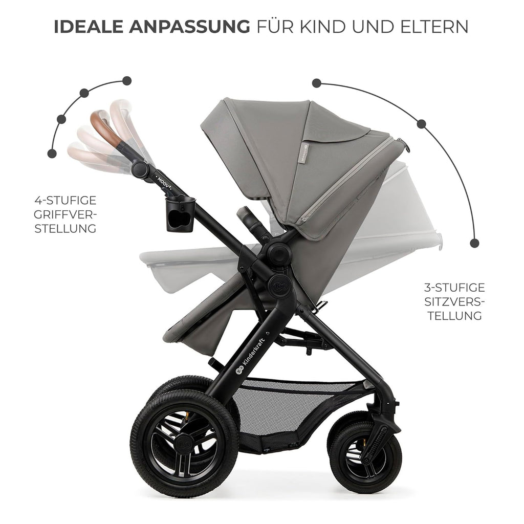 Kinderkraft MOOV2 AIR Kinderwagen 3 in 1 Kinderwagenset tot 26 kg met autostoel I-SIZE 40-75 cm, buggyfunctie, verstelbare ligstand, grote uitschuifbare kap, opblaasbare wielen, zwart