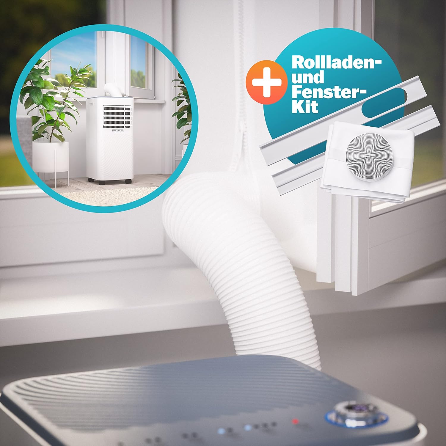 Monzana mobiele airconditioner MZKA2000 afvoerslang 7000BTU 3-in-1 750W 24h timer 25m² afstandsbediening ontvochtiger rolluikkit airco