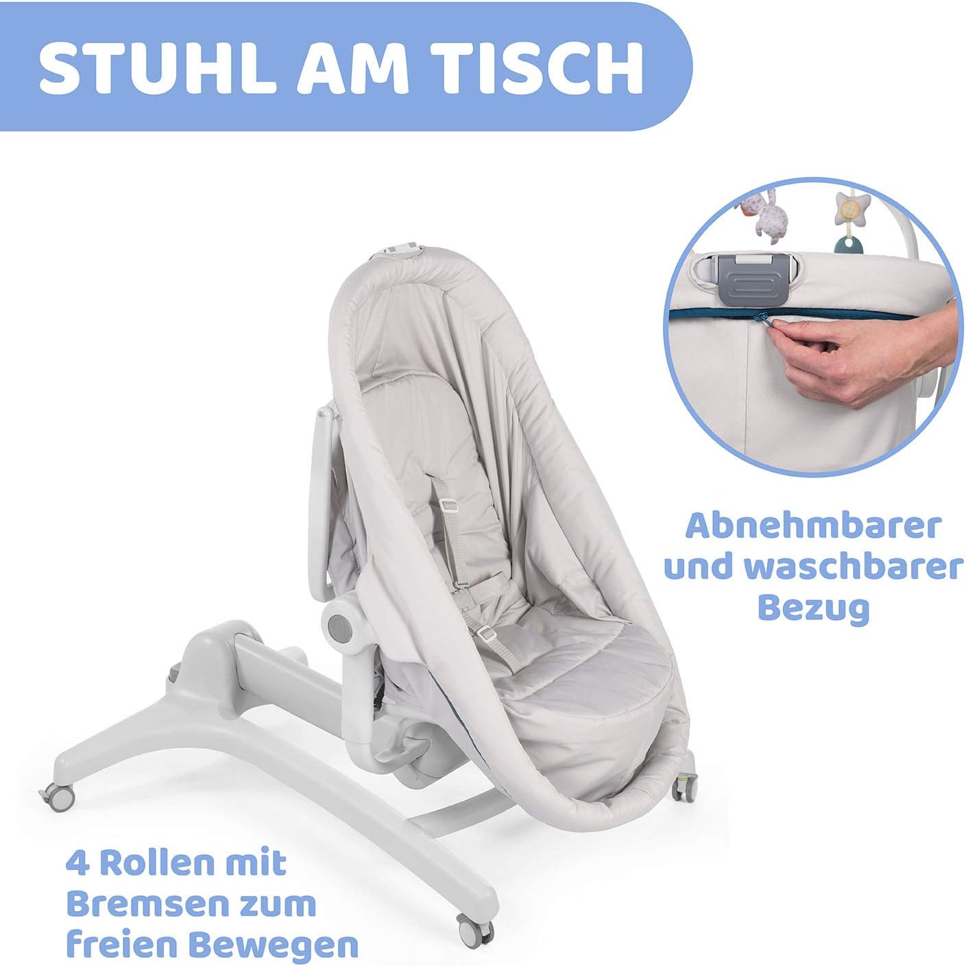 Chicco Baby Hug 4-in-1 wieg vanaf 0 maanden, verhoogde babylounger, babybed, kinderstoel met speelboog, tot 15 kg, verstelbare rugleuning, verstelbare hoogte en 4 wielen