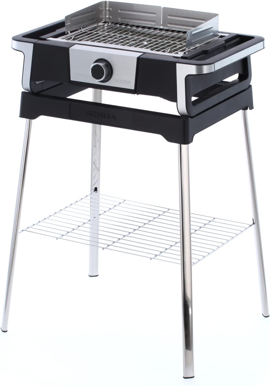SEVERIN SENOA DigitalBOOST S elektrische barbecue met onderstel, staande barbecue met snelle start tot 500 °C, balkonbarbecue met SafeTouch-oppervlak, RVS/zwart, PG 8118