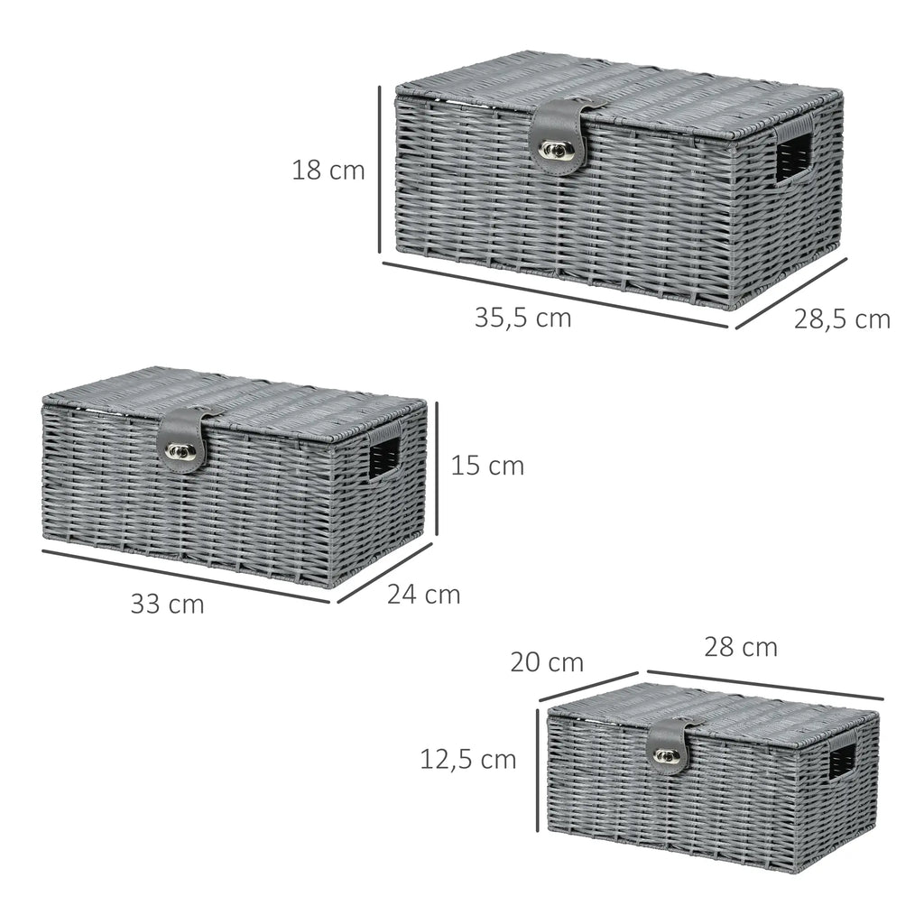 HOMCOM Opbergmand set van 3 handgevlochten met deksel