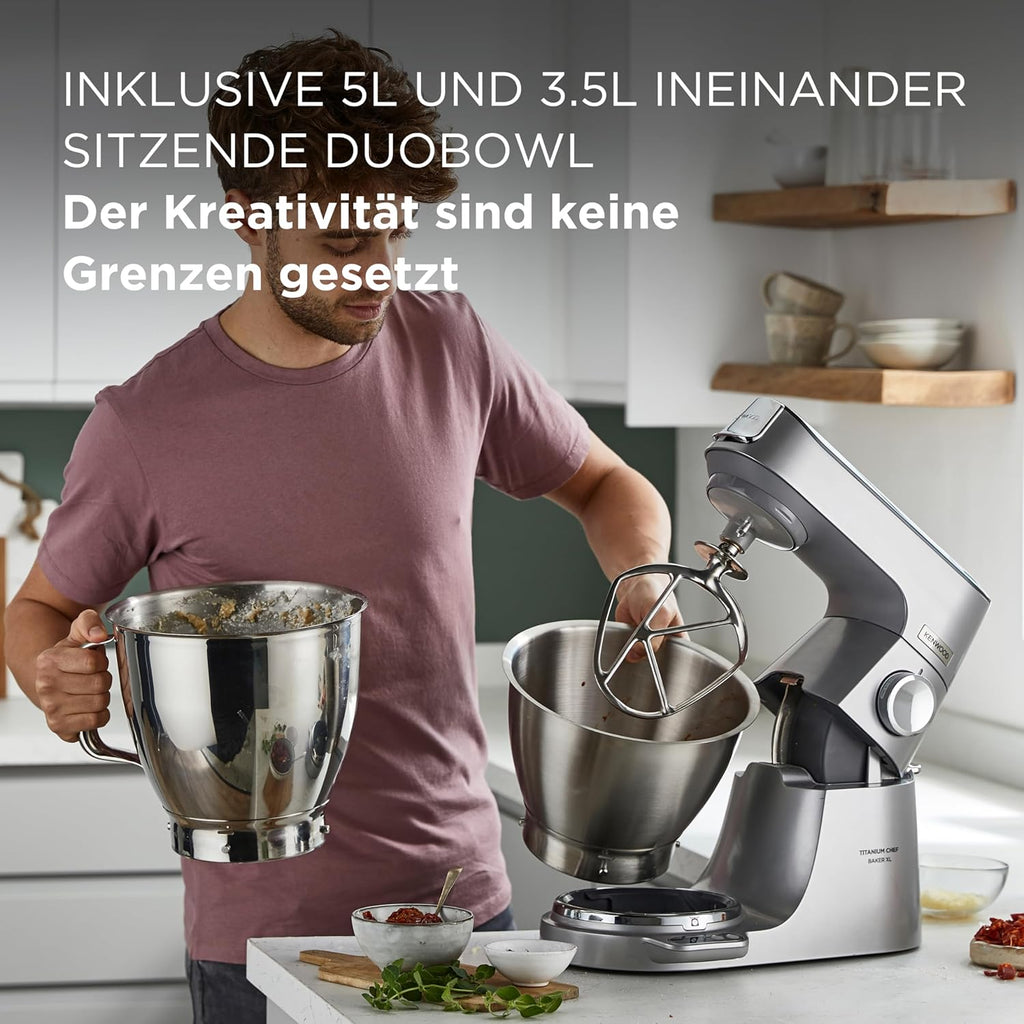 Kenwood Titanium Chef Baker KVL85.424SI Keukenmachine met geïntegreerde weegschaal, incl. 4-delige patisserie set, 7 L en 5 L mengkom, traploze snelheidsregeling, 1200 W, zilver