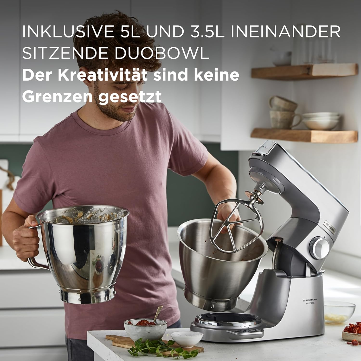 Kenwood Titanium Chef Baker KVL85.424SI Keukenmachine met geïntegreerde weegschaal, incl. 4-delige patisserie set, 7 L en 5 L mengkom, traploze snelheidsregeling, 1200 W, zilver