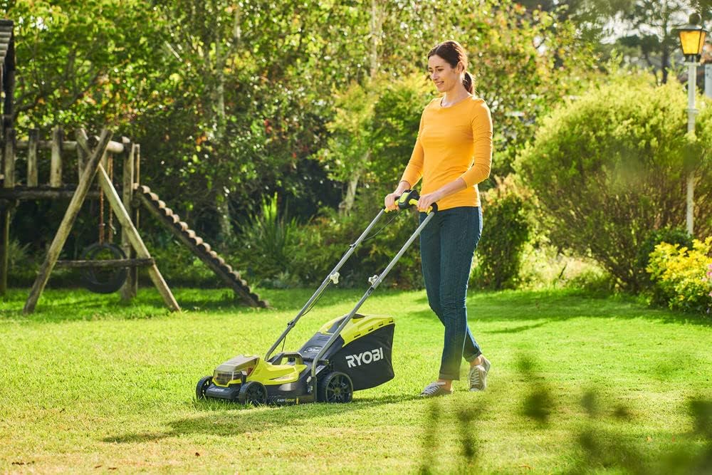RYOBI 18 V ONE+ Accu-grasmaaier RLM18X33B40 (snijbreedte 33 cm, 5-voudige hoogteverstelling 25-65 mm, inklapbare duwbeugel, incl. mulchplug, 35l grasvangzak, 4,0Ah accu & lader)