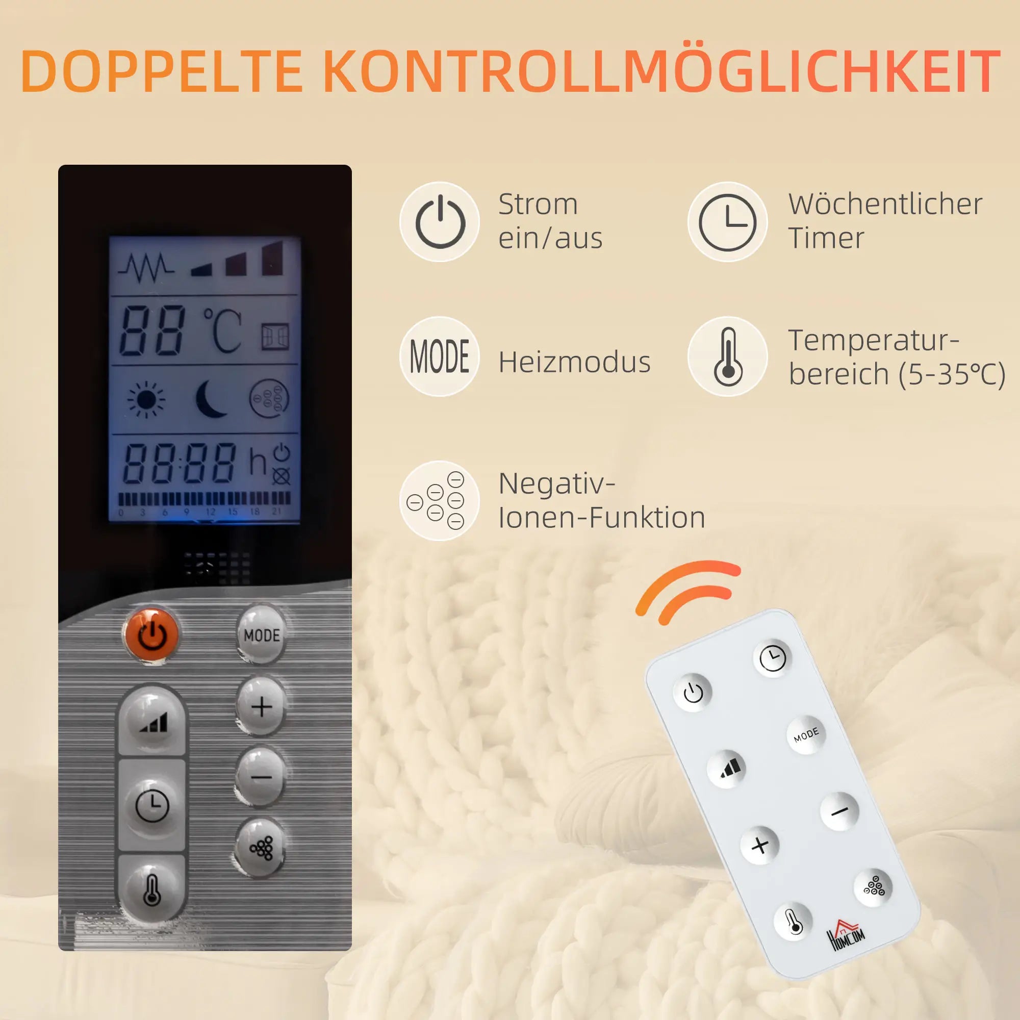 HOMCOM elektrische convector, 2 warmtestanden, afstandsbediening, wit
