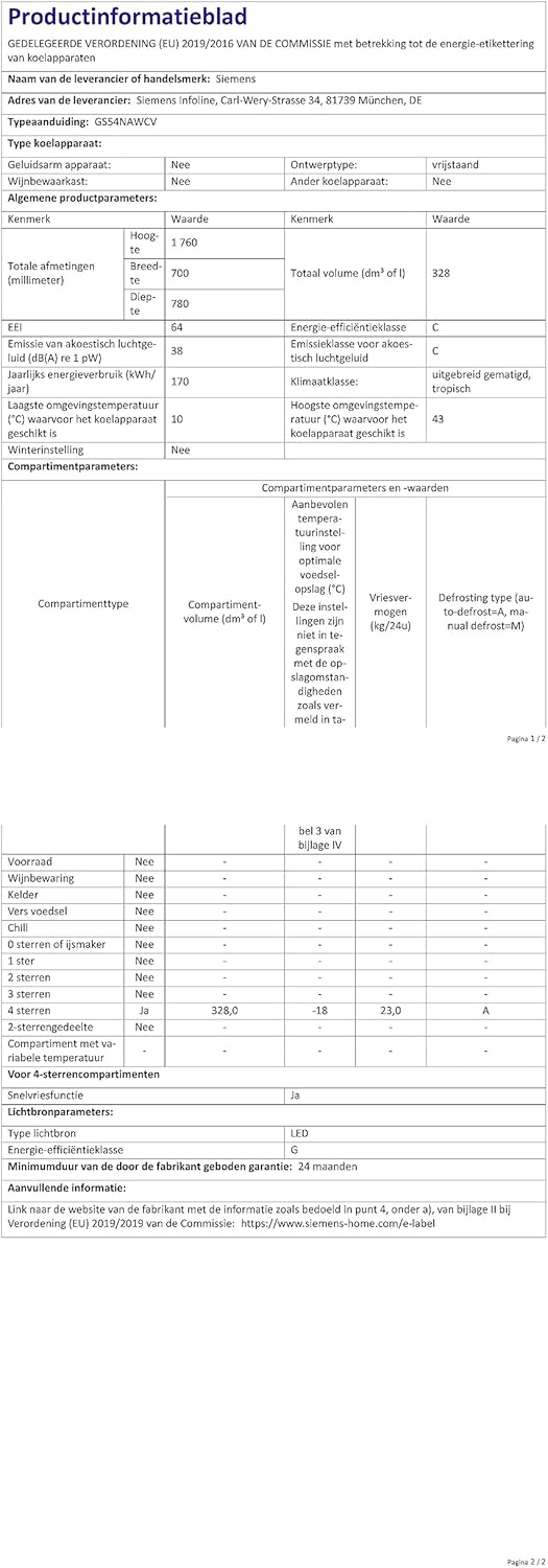 Siemens GS54NAWCV iQ500 vriezer, 176 x 70 cm, 327 L, noFrost nooit meer ontdooien, bigBox ruimte voor grote diepvriesproducten, varioZone flexibele glasplateaus en laden, wit