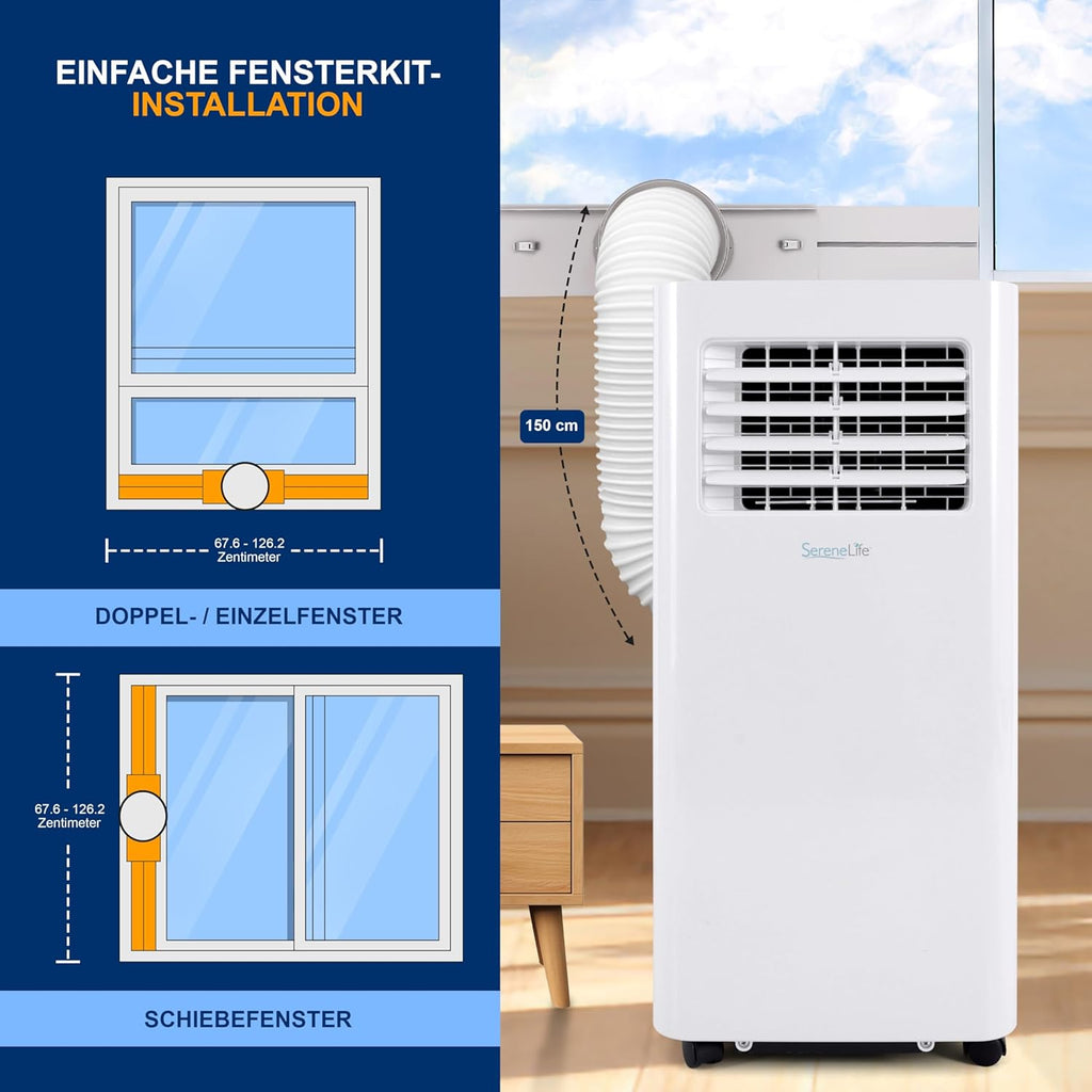 SereneLife 3-in-1 Mobiele Airconditioner met Afvoerslang – Klimaatregelaar als Luchtkoeler, Ventilator & Luchtontvochtiger – Mini Airco voor Ruimtes tot 28 m2 – Luchtkoeler voor Thuis & Kantoor 10.000 BTU
