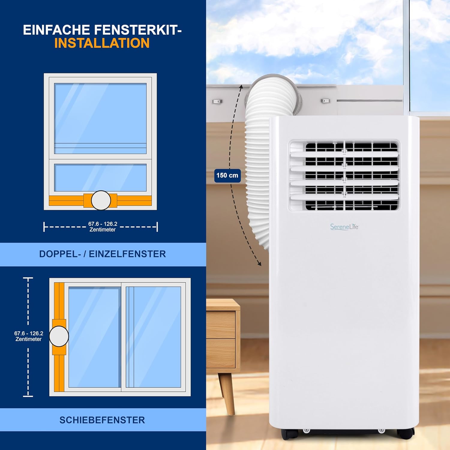 SereneLife 3-in-1 Mobiele Airconditioner met Afvoerslang – Klimaatregelaar als Luchtkoeler, Ventilator & Luchtontvochtiger – Mini Airco voor Ruimtes tot 28 m2 – Luchtkoeler voor Thuis & Kantoor 10.000 BTU