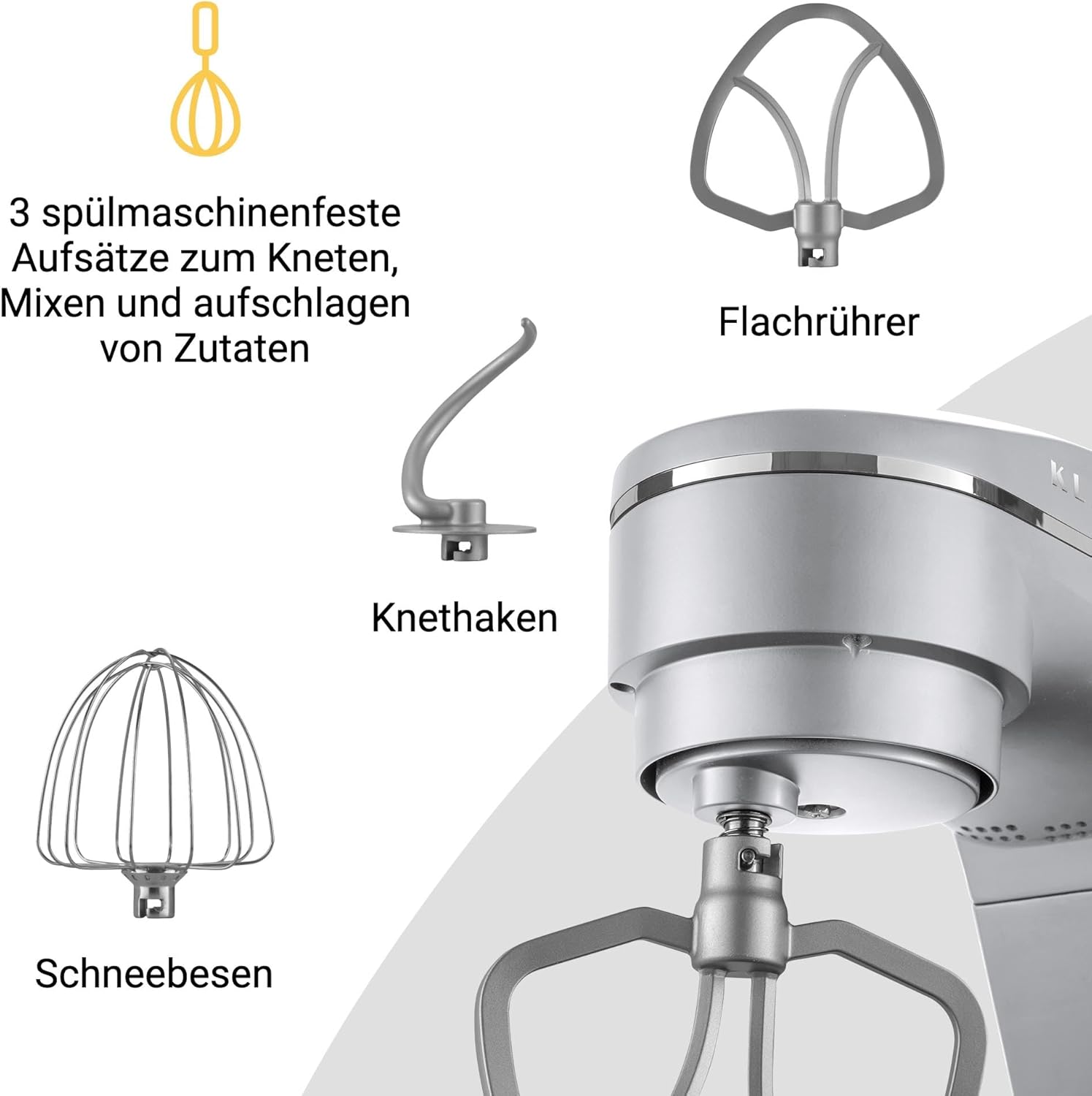 KLAMER Keukenmachine 1800W, Kneedmachine met 6 Liter RVS Kom, 10 Snelheidsstanden met Timer, Klopper, Deeghaak, Garde en Spatdeksel