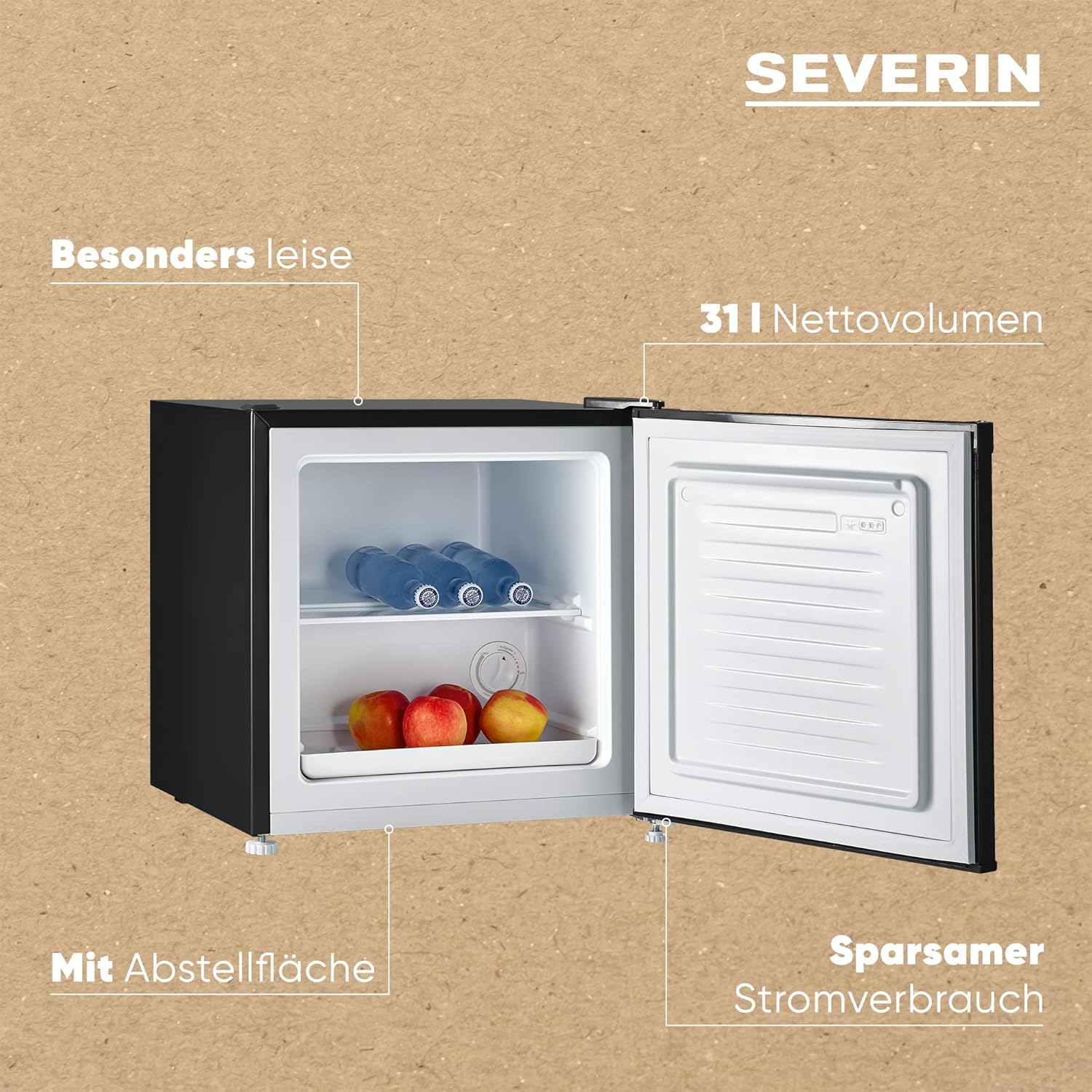 SEVERIN Retro minikoelkast met vriesvak (31 l), kleine vriezer, minikoelkast met flexibele temperatuurregeling, tafelmodel koelkast, zwart, GB 8880