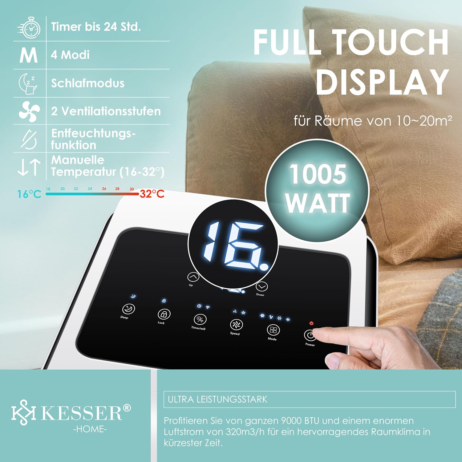 KESSER® Mobiele airco 4-in-1 koelen | Luchtontvochtiger ventileren | Ventilator 9000 BTU/u 1005W | Mobiele airconditioning met montagemateriaal, afstandsbediening & timer | Nachtmodus & 360° wielen