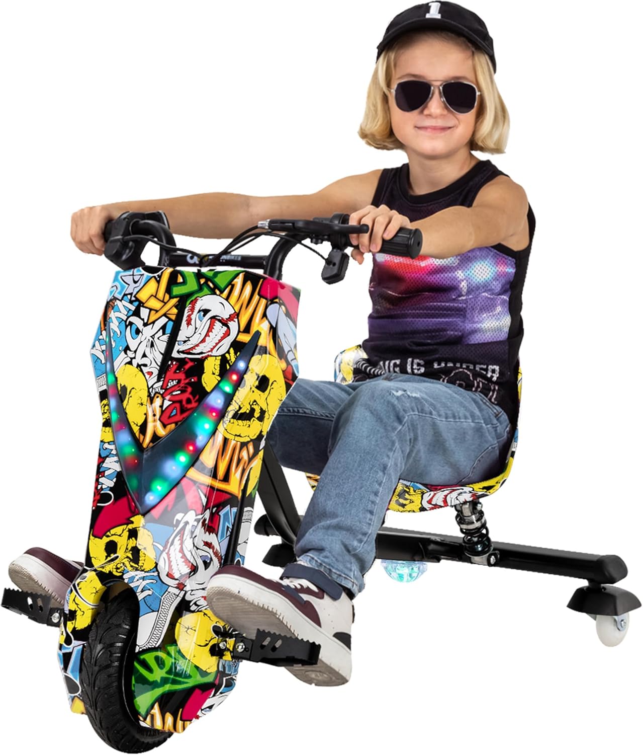 Actionbikes Motors Kinder elektrische driftscooter | 𝟐𝟓𝟎 Watt Motor - Drift Cart 360°- 3 snelheidsniveaus - LED-verlichting - Verstelbare stoel - Bluetooth - Drift Kart - Drift Auto (Space Purple)