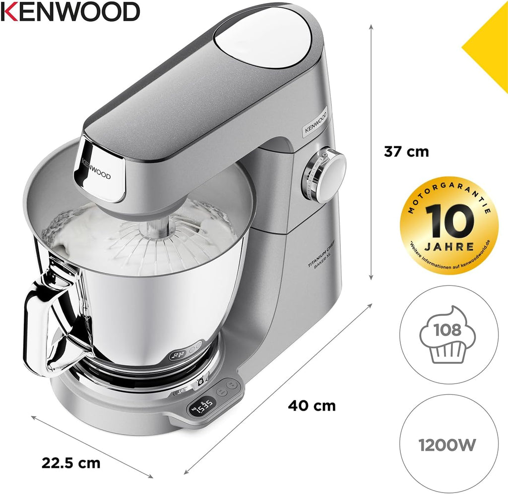 Kenwood Titanium Chef Baker KVL85.424SI Keukenmachine met geïntegreerde weegschaal, incl. 4-delige patisserie set, 7 L en 5 L mengkom, traploze snelheidsregeling, 1200 W, zilver