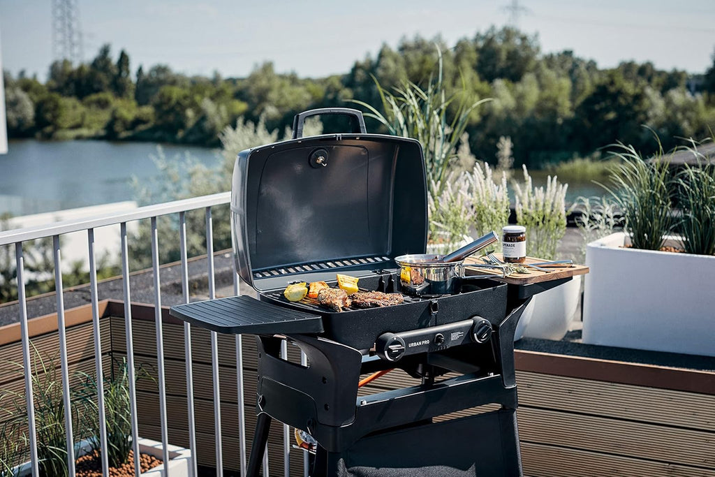 Enders Gasbarbecue Urban II Pro, tafelbarbecue, grill-, kook- en bakfunctie, 2 branders RVS, met grillthermometer, balkon-, campingbarbecue, gegoten aluminium behuizing, gietijzeren rooster, #2062