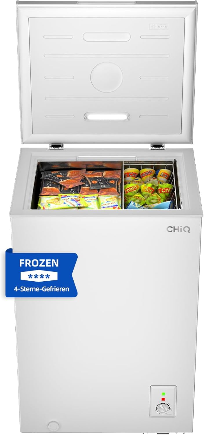 CHiQ FCF98DE Vrieskist 99 L, 54,5 x 47,6 x 83,5 cm, 4-sterrenvriezer, Thermostaatregeling, Draadmand, Balancerende deur, Stil, Wit