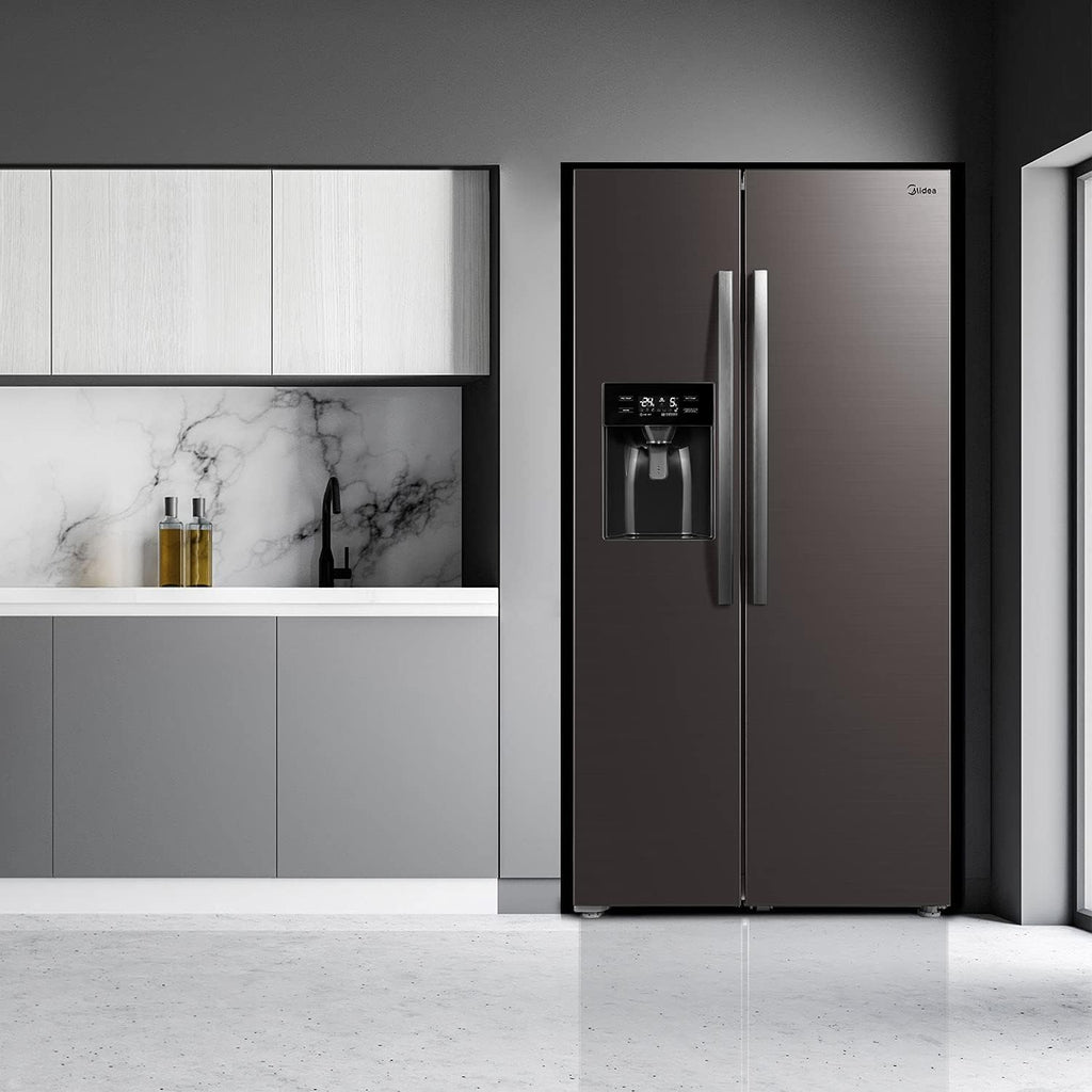 Midea KS-DDX 6.32 WT Amerikaanse koelkast/178,8 cm hoogte/254 kWh/jaar/No Frost/Dual Inverter Compressor/met 3-in-1 water-/ijsdispenser en watertank, Dark Inox