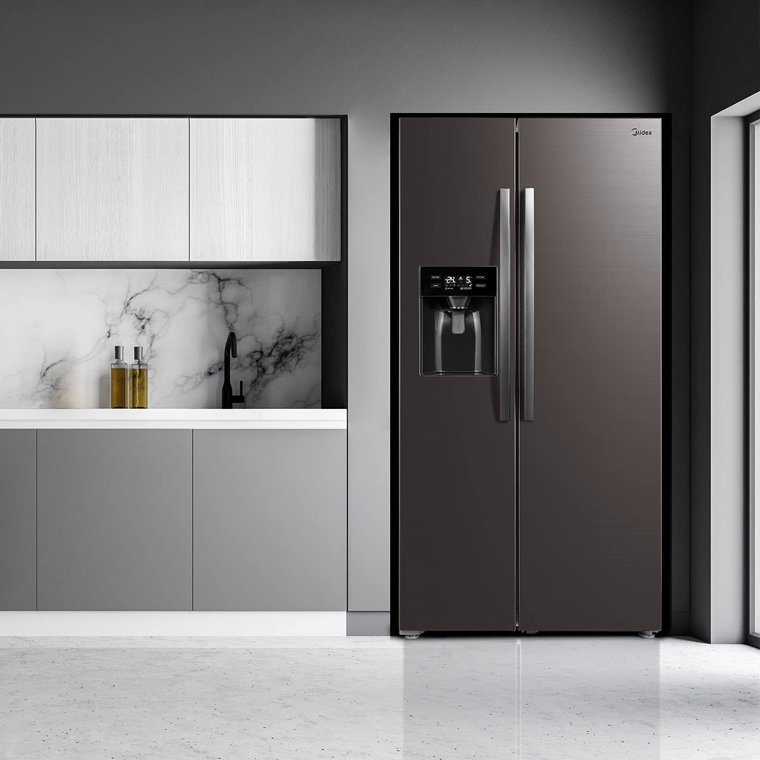 Midea KS-DDX 6.32 WT Amerikaanse koelkast/178,8 cm hoogte/254 kWh/jaar/No Frost/Dual Inverter Compressor/met 3-in-1 water-/ijsdispenser en watertank, Dark Inox