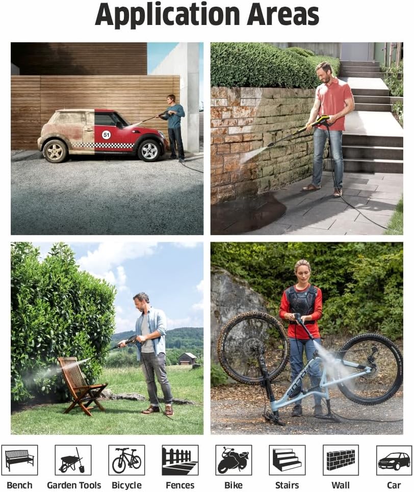 Kärcher hogedrukreiniger K Mini, licht en compact, druk: max. 110 bar, doorvoer: 360 l/u, oppervlak: 20 m²/u, gewicht: 3,93 kg, hogedrukpistool, vuilfrees, spuitlans, waterfilter, zwart, geel
