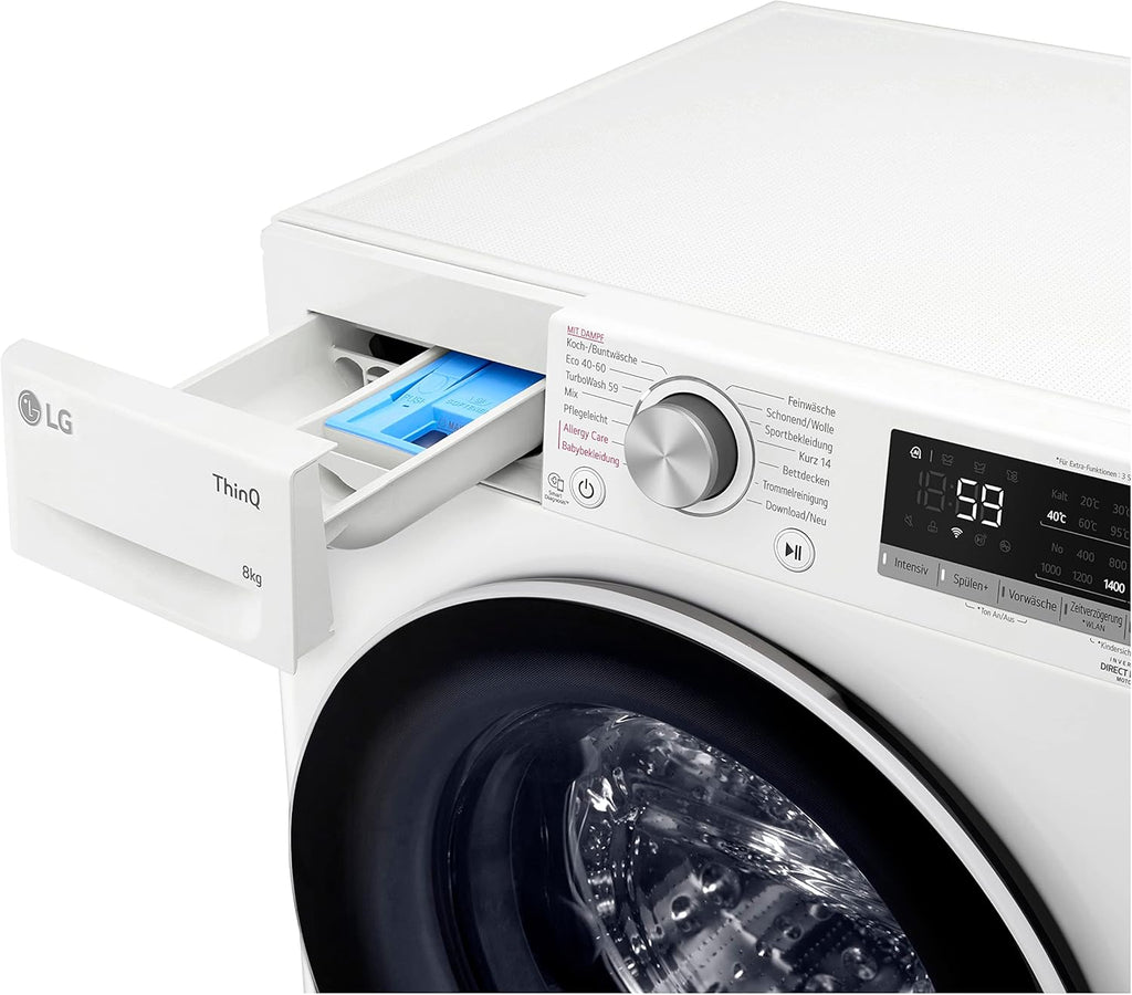 LG F4WV7080, Klasse A, Voorlader Wasmachine 8 kg, 1400 tpm, AI Direct Drive, Wi-Fi, Dieptereiniging met Stoom, Grote Capaciteit, TRIPLE A, Veiligheidsglas Buitendeur, 62 x 60 x 85 cm ꟷ Wit