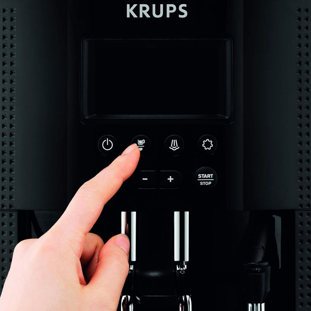 Krups Essential volautomatische espressomachine met melkslang, 2-kopsfunctie, LCD-display, eenvoudige reiniging, koffiezetapparaat, TÜV-keurmerk, zwart, EA816031
