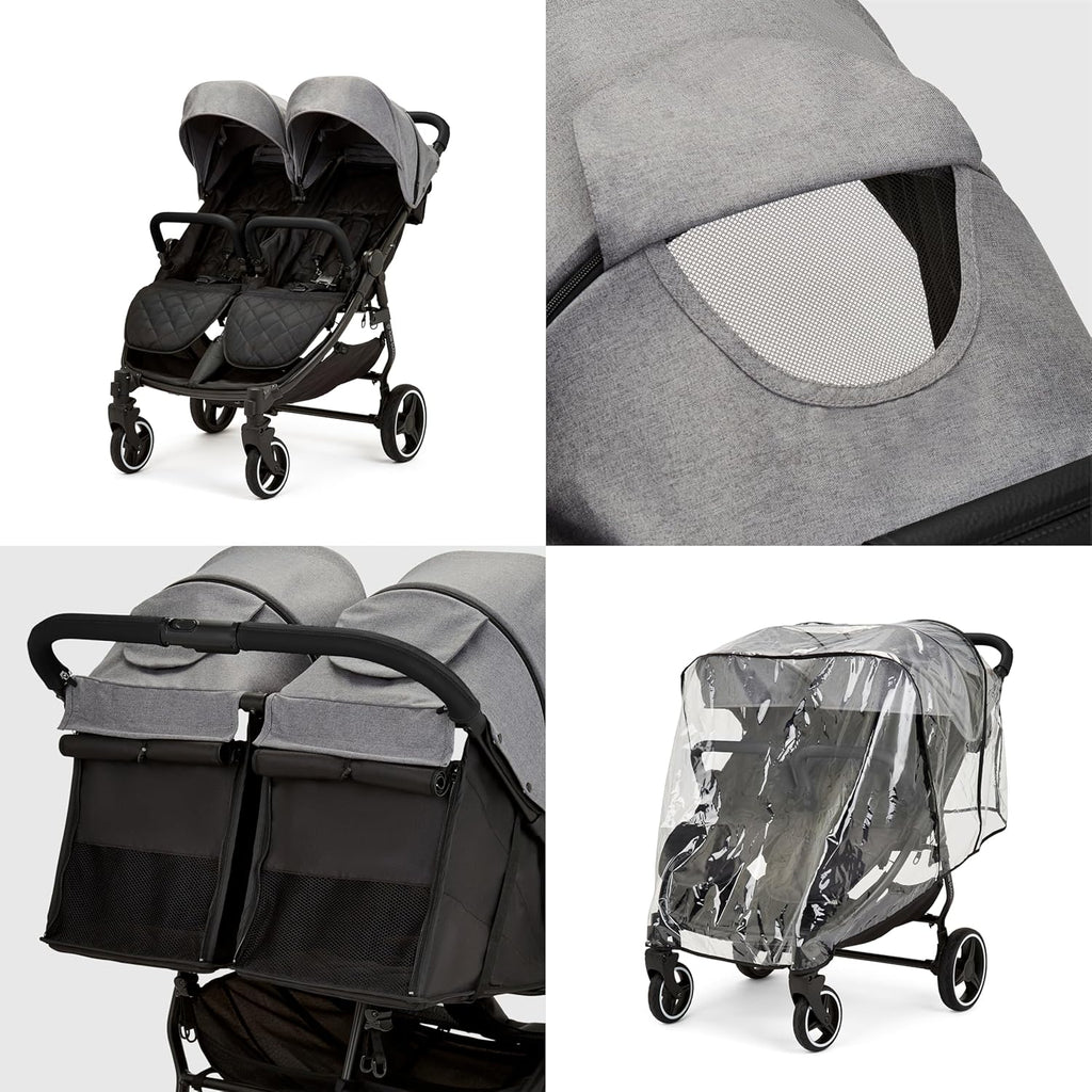 Venus Max Duo Buggy - geschikt vanaf de geboorte tot 15 kg (ongeveer 3 jaar), compacte, lichte, opvouwbare tweelingbuggy, inclusief regenhoes en voetenzak (Biscuit)