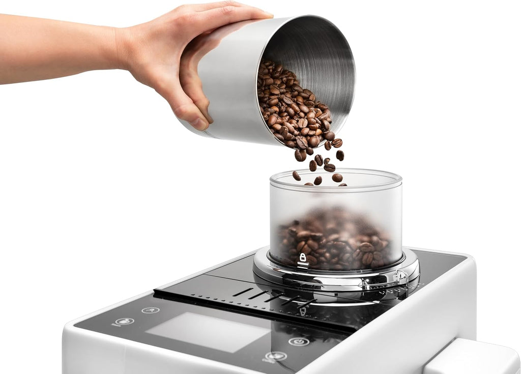 De'Longhi Rivelia EXAM440.55.W volautomatische espressomachine met LatteCrema-melksysteem, verwisselbaar bonenreservoir, 16 koffie- en melkdranken met één druk op de knop, Extra-Shot-functie, 3,5 inch touchscreen, wit