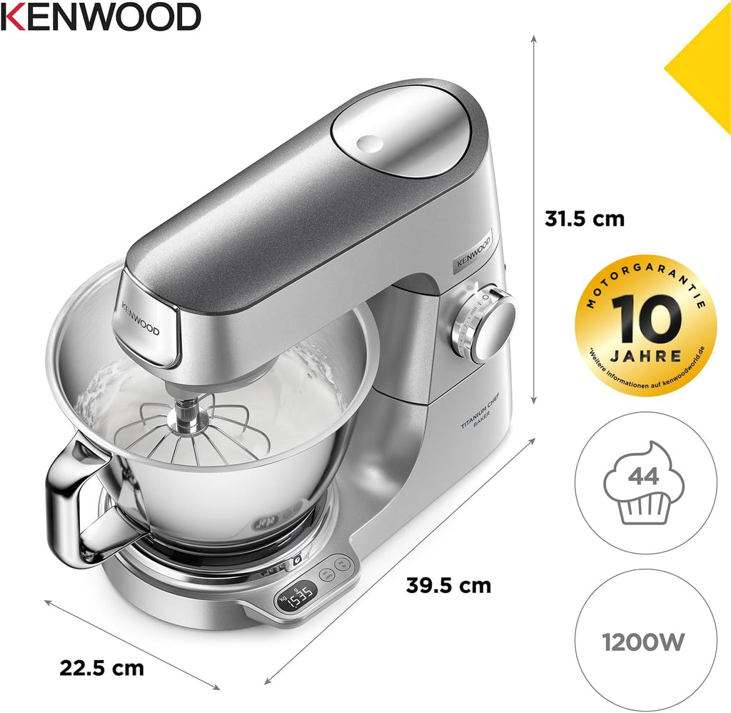 Kenwood Titanium Chef Baker KVL85.424SI Keukenmachine met geïntegreerde weegschaal, incl. 4-delige patisserie set, 7 L en 5 L mengkom, traploze snelheidsregeling, 1200 W, zilver
