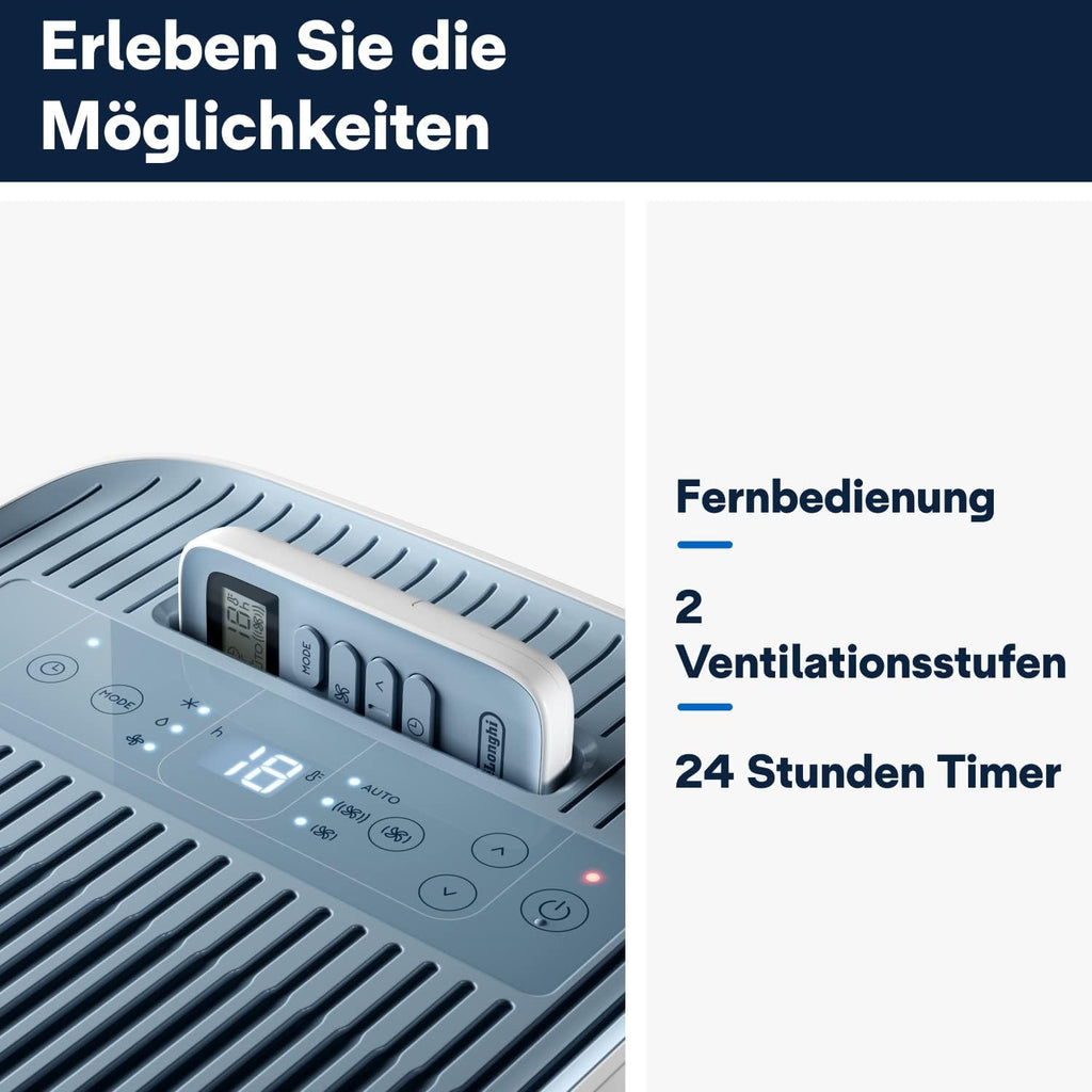 De'Longhi Pinguino PAC EM82, Mobiele airconditioner voor ruimtes tot 80 m, 9.400 BTU, 2,4 kW, 63 dB, Ontvochtigingsfunctie, Energieklasse A, 24-uurs timer, Wit