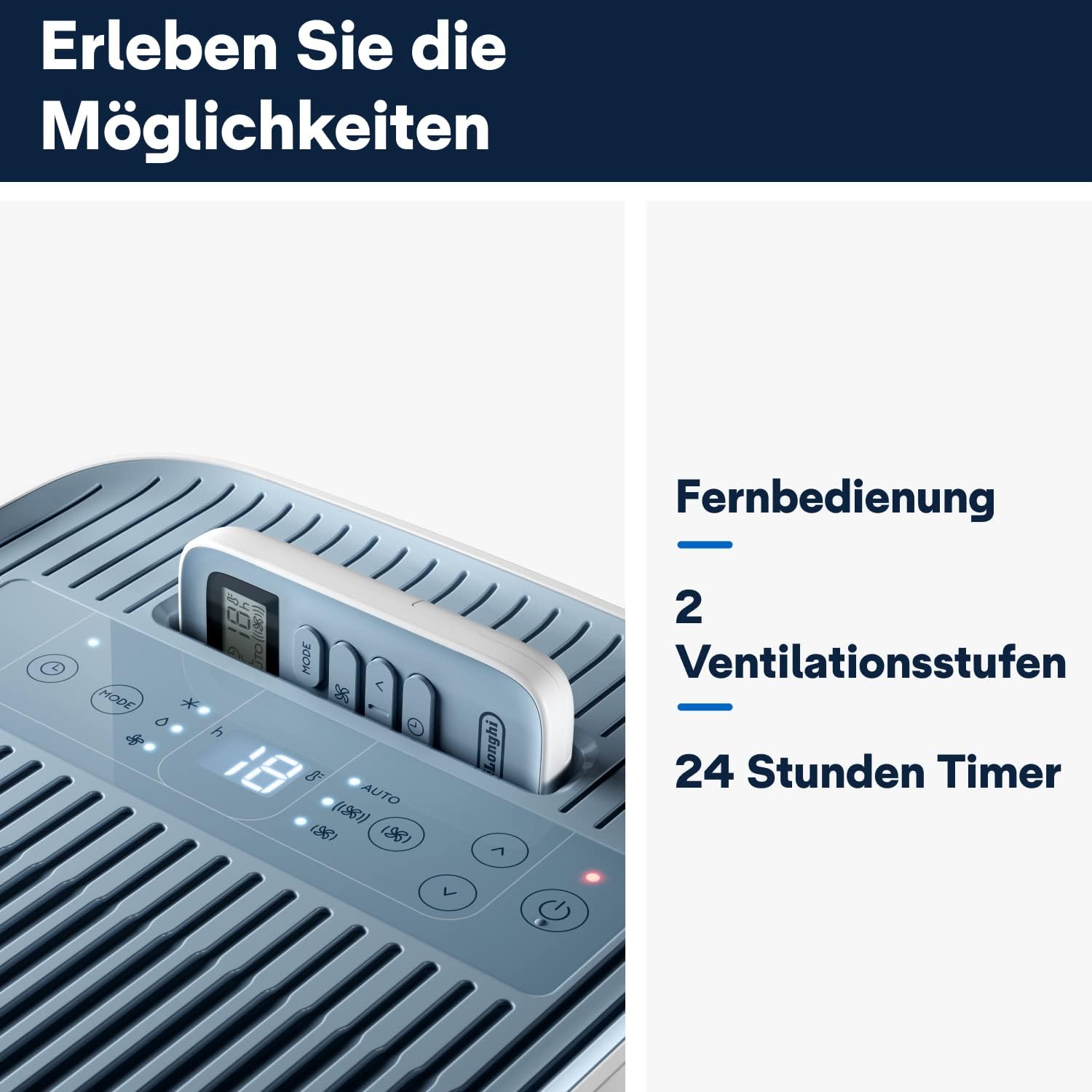 De'Longhi Pinguino PAC EM82, Mobiele airconditioner voor ruimtes tot 80 m, 9.400 BTU, 2,4 kW, 63 dB, Ontvochtigingsfunctie, Energieklasse A, 24-uurs timer, Wit