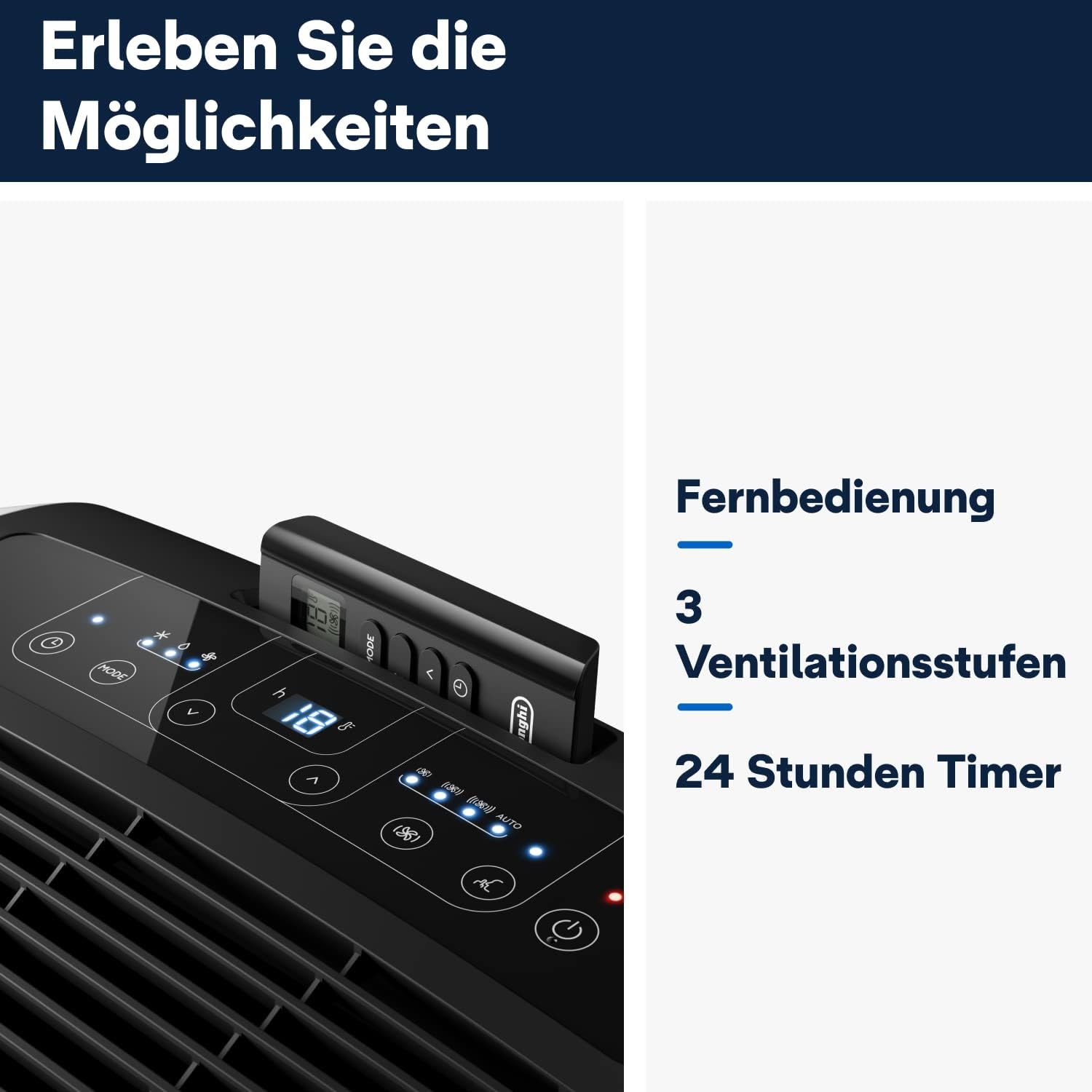 De'Longhi Pinguino PAC EM93 Silent, mobiele airconditioner voor ruimtes tot 90 m³, 10.500 BTU/u, 2,6 kW, 63 dB, ontvochtigingsfunctie, energieklasse A, 24-uurs timer, wit