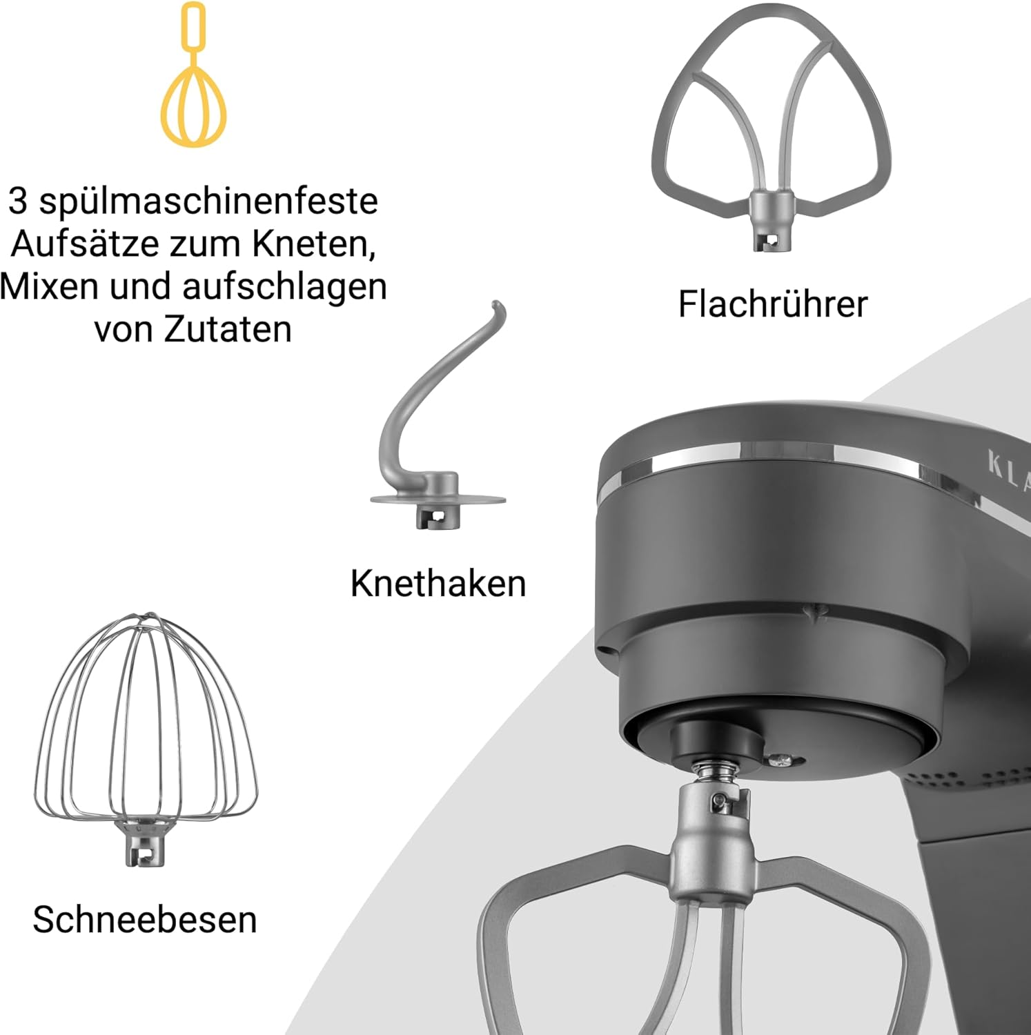KLAMER Keukenmachine 1800W, Kneedmachine Brooddeeg met RVS Mengkom 6 L, 10 Snelheden met Timer, Planetaire Menging, Klopper, Deeghaak, Garde & Spatscherm (zwart)