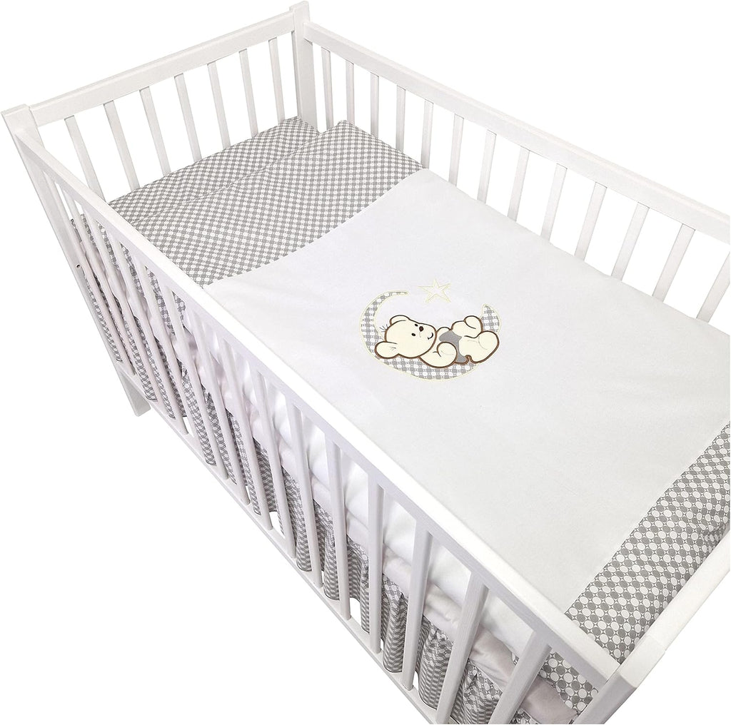 Bello24 - 16-delig babybed wieg en beddengoed compleet set Happy Leo incl. matras in hoogte verstelbaar voor pasgeborenen baby's en peuters van massief hout (Grijs - Teddybeer Maan)