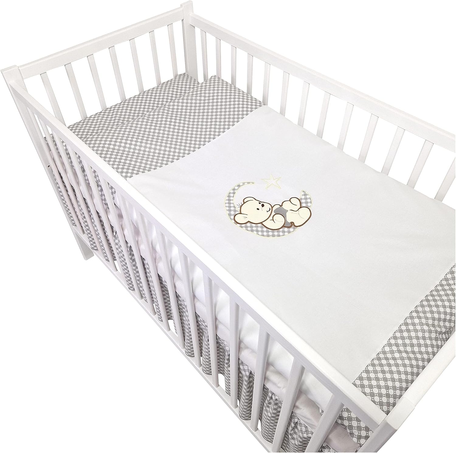 Bello24 - 16-delig babybed wieg en beddengoed compleet set Happy Leo incl. matras in hoogte verstelbaar voor pasgeborenen baby's en peuters van massief hout (Grijs - Teddybeer Maan)
