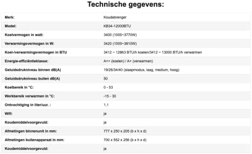 Kältebringer Split Airconditioner Quick Connect - 12000 BTU (3,4 kW) Airconditioner met Verwarmingsfunctie, Wifi & App, tot 91m², zeer stil - 5m Koperleiding, Koelmiddel R32, Montagemateriaal, Muurbeugel