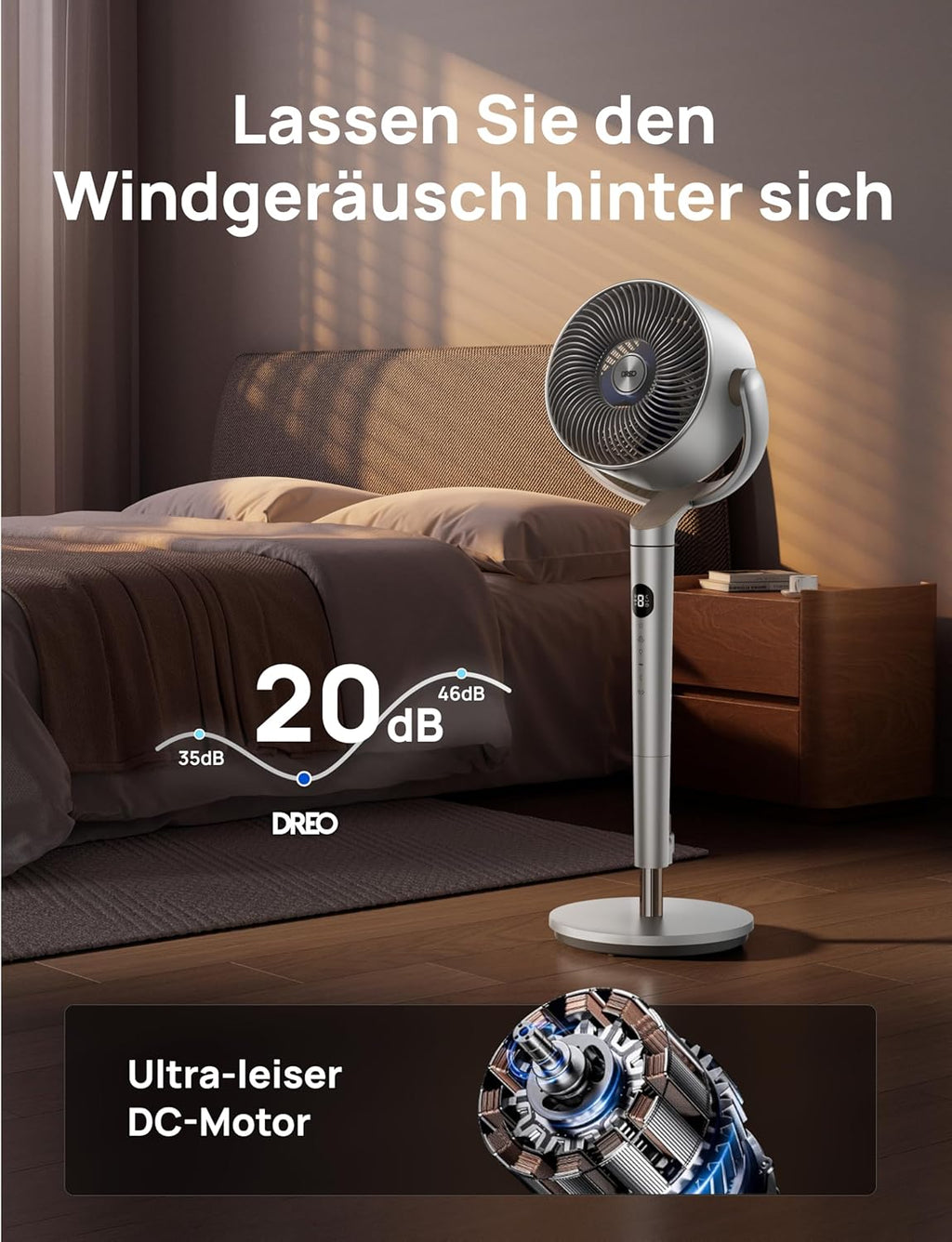 Dreo Slimme Staande Ventilator met RGB-licht, 120° +120° Oscillerende Ventilator met Afstandsbediening, 20dB Stille Vloerventilator voor Slaapkamer, 8H Timer, Zilver