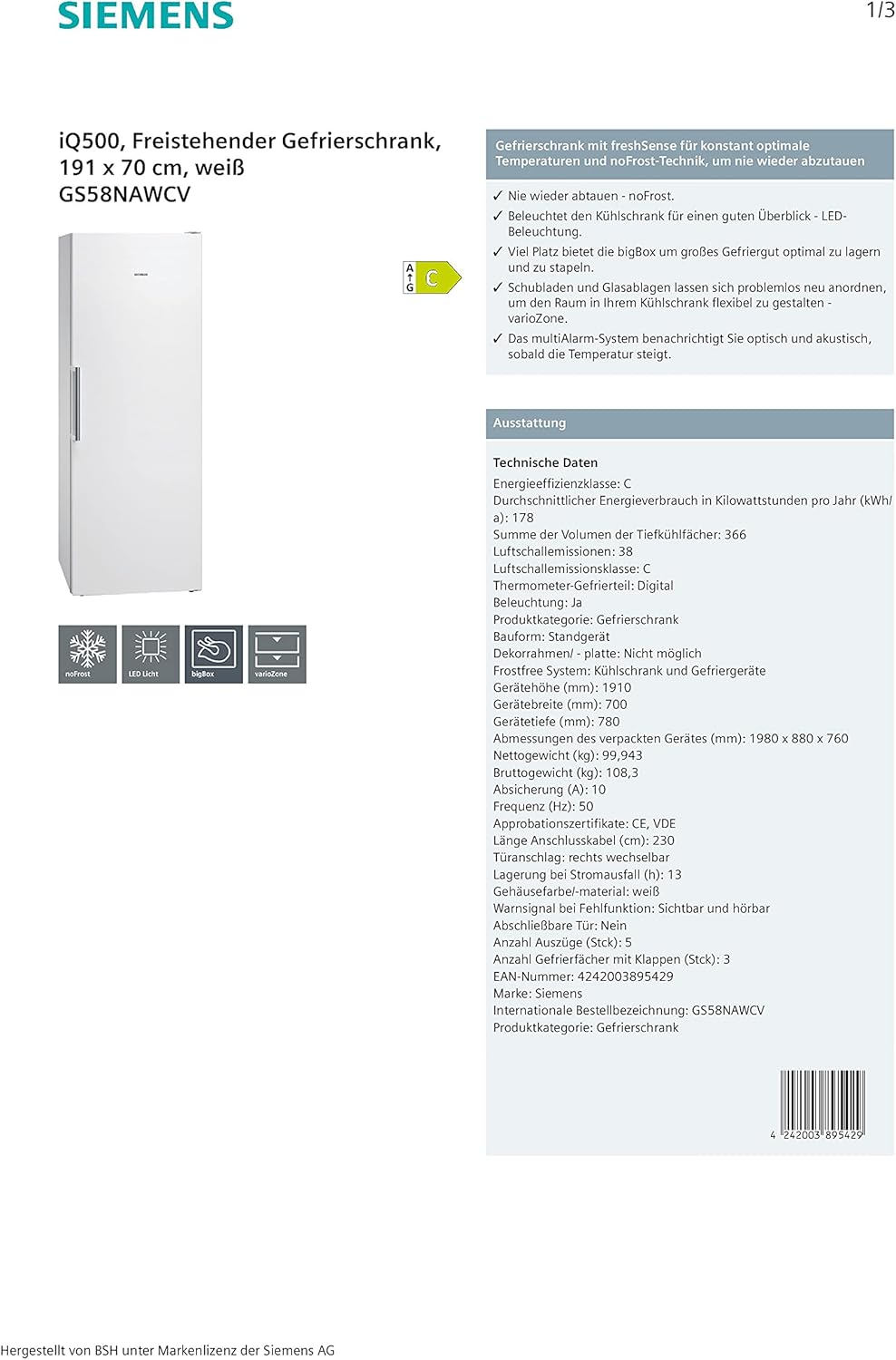 Siemens GS54NAWCV iQ500 vriezer, 176 x 70 cm, 327 L, noFrost nooit meer ontdooien, bigBox ruimte voor grote diepvriesproducten, varioZone flexibele glasplateaus en laden, wit