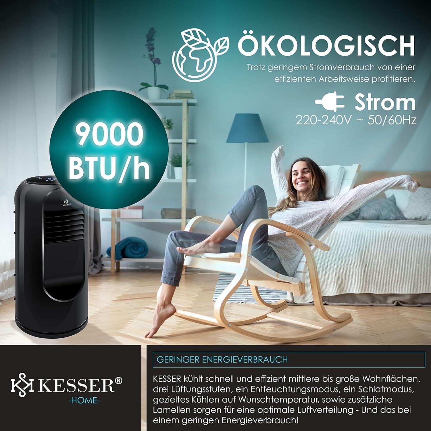 KESSER® Mobiele airconditioning Sky Tower 4-in-1 koelen, ontvochtigen, ventileren, ventilator - 9000 BTU/h (2.600 Watt) 2,7KW - Airco, afstandsbediening en timer, nachtmodus (EEK: D), Zwart