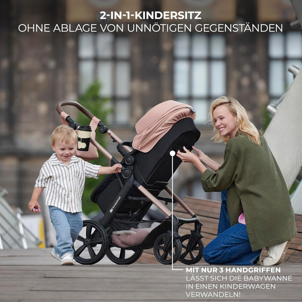 Kinderkraft MOOV2 AIR Kinderwagen 3 in 1 Kinderwagenset tot 26 kg met autostoel I-SIZE 40-75 cm, buggyfunctie, verstelbare ligstand, grote uitschuifbare kap, opblaasbare wielen, zwart