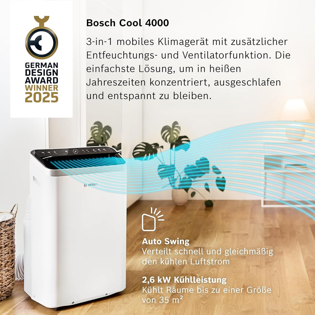 Bosch Cool 4000 Mobiele airconditioner - 3-in-1: Airconditioner, ontvochtiger, ventilator - 2,6 kW voor ruimtes tot 35 m² - Met automatische modus, stille modus & slaapmodus