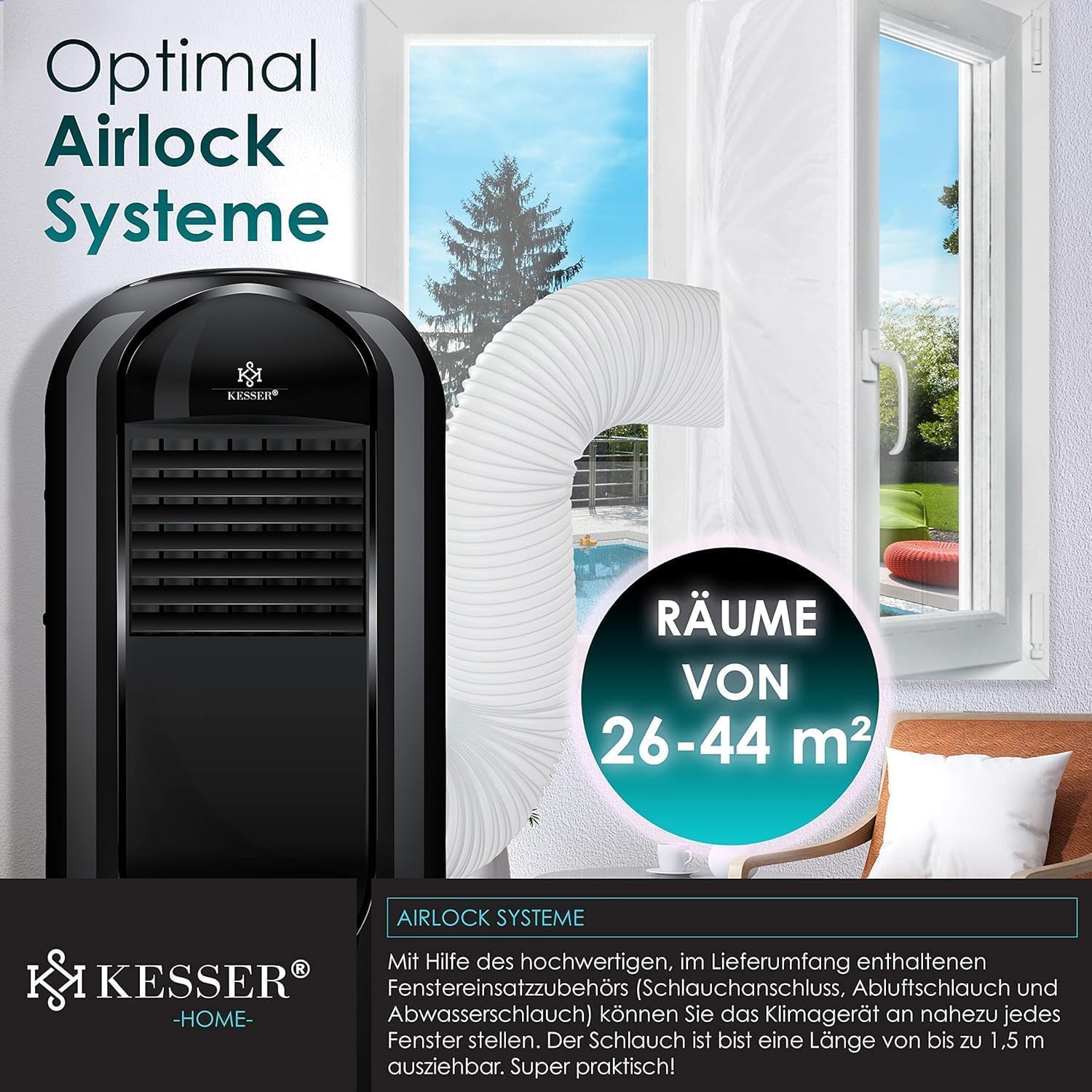 KESSER® Mobiele airconditioning Sky Tower 4-in-1 koelen, ontvochtigen, ventileren, ventilator - 9000 BTU/h (2.600 Watt) 2,7KW - Airco, afstandsbediening en timer, nachtmodus (EEK: D), Zwart