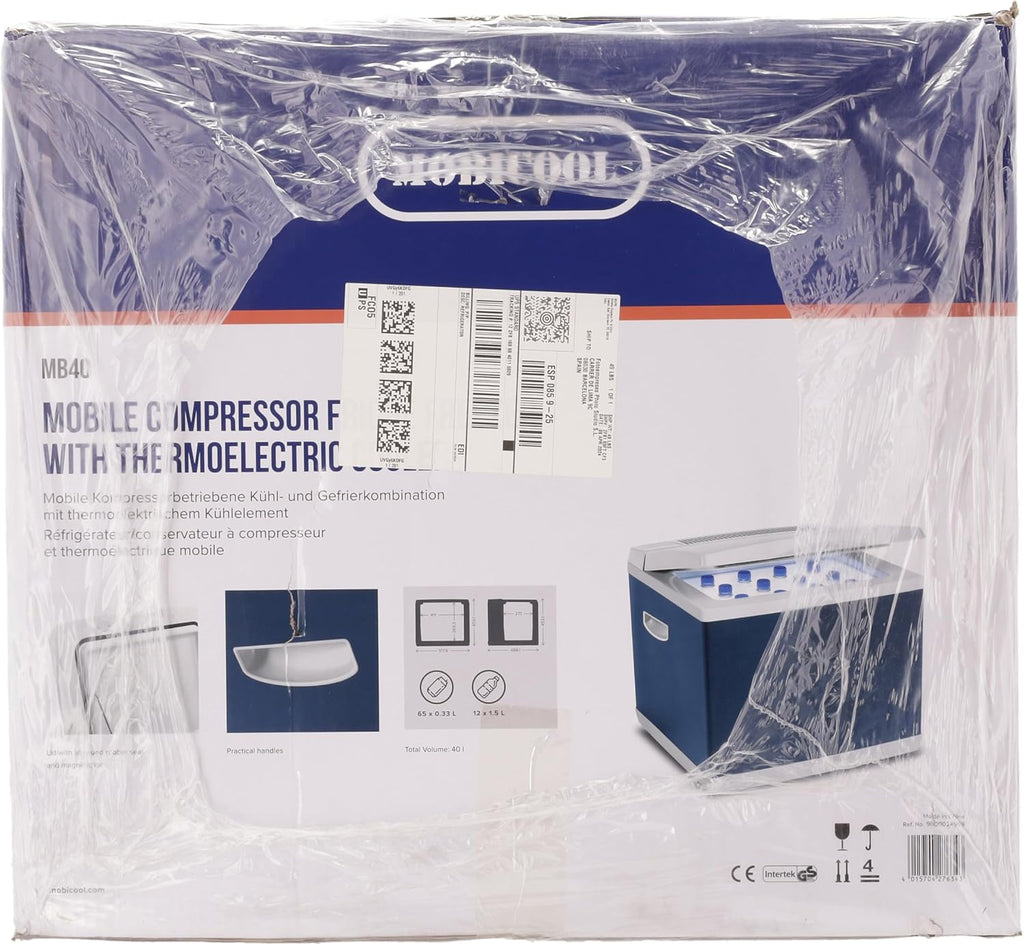 Mobicool MB40, Hybride, draagbare compressor- thermo-elektrische koelbox/vriezer, 38 liter, 12 V en 230 V voor auto, vrachtwagen, stopcontact, Blauw