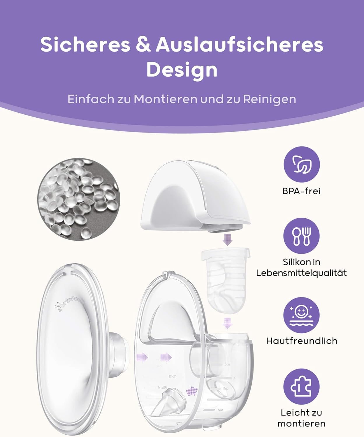 Nuliie Elektrische Borstkolf Draagbare S32, Handsfree Elektrische Borstkolf 4 Modi 9 Niveaus met 18/21/24 mm comfortabele flens, discreet, met reserveonderdelen inbegrepen (2 stuks, wit)
