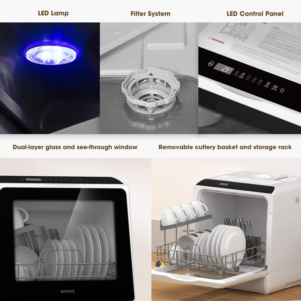 Draagbare tafelvaatwasser, compacte vaatwasser met ingebouwde 5 l watertank en toevoerslang, 5 wasprogramma's, babyverzorging, luchtdroogfunctie en ledlamp voor kleine appartementen