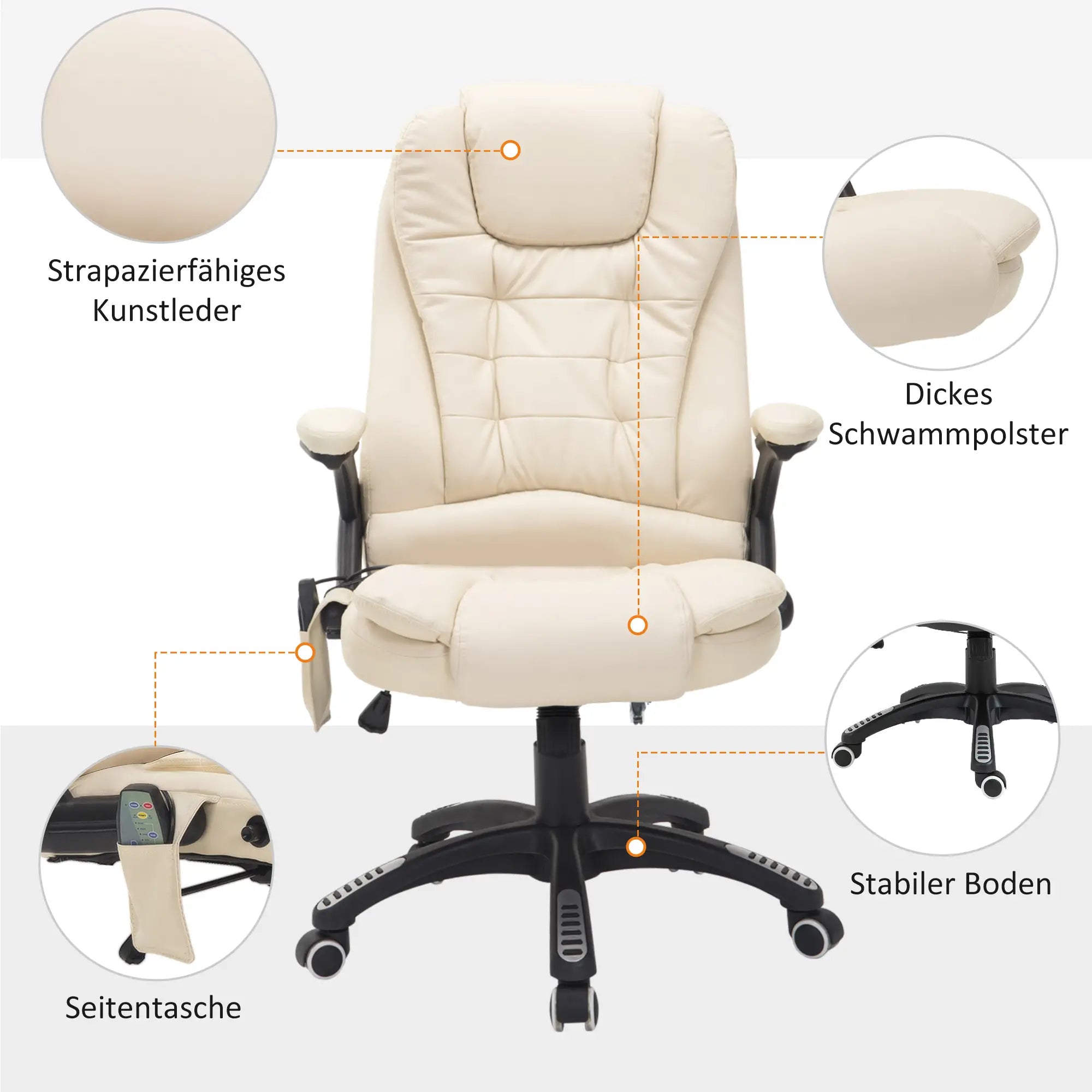 HOMCOM Bureaustoel Directiestoel Massagefunctie in hoogte verstelbaar crèmewit