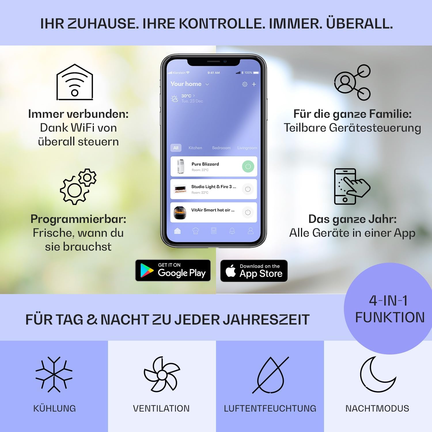 Klarstein Mobiele Airconditioning met Afvoerslang, 3-in-1 Airco met Ventilator, Luchtontvochtiger & Nachtmodus, Kleine & Draagbare Airco voor Thuis & Kantoor, 12000 BTU Laag Verbruik